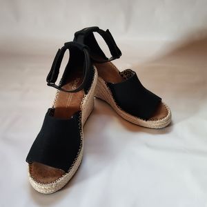 Toms Sandals Womens 7.5 Marisol Espadrille Black Canvas Wedge Casual